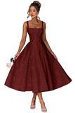 Floral Satin Jacquard Prom Dresses 2026 A-Line Tea Length Midi Square Neck Evening Party Gown with Pockets for Women