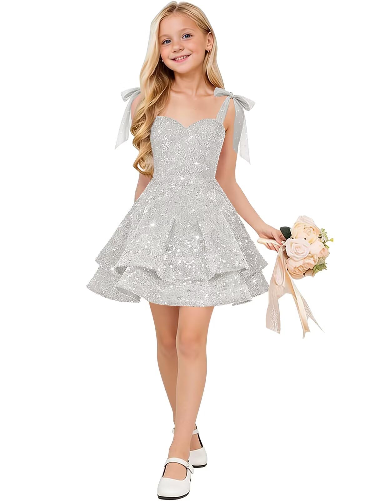 Sparkly Sequin Flower Girl Dress Tiered Cute Bow Spaghetti Straps Sweetheart Toddler Formal Dresses 2026