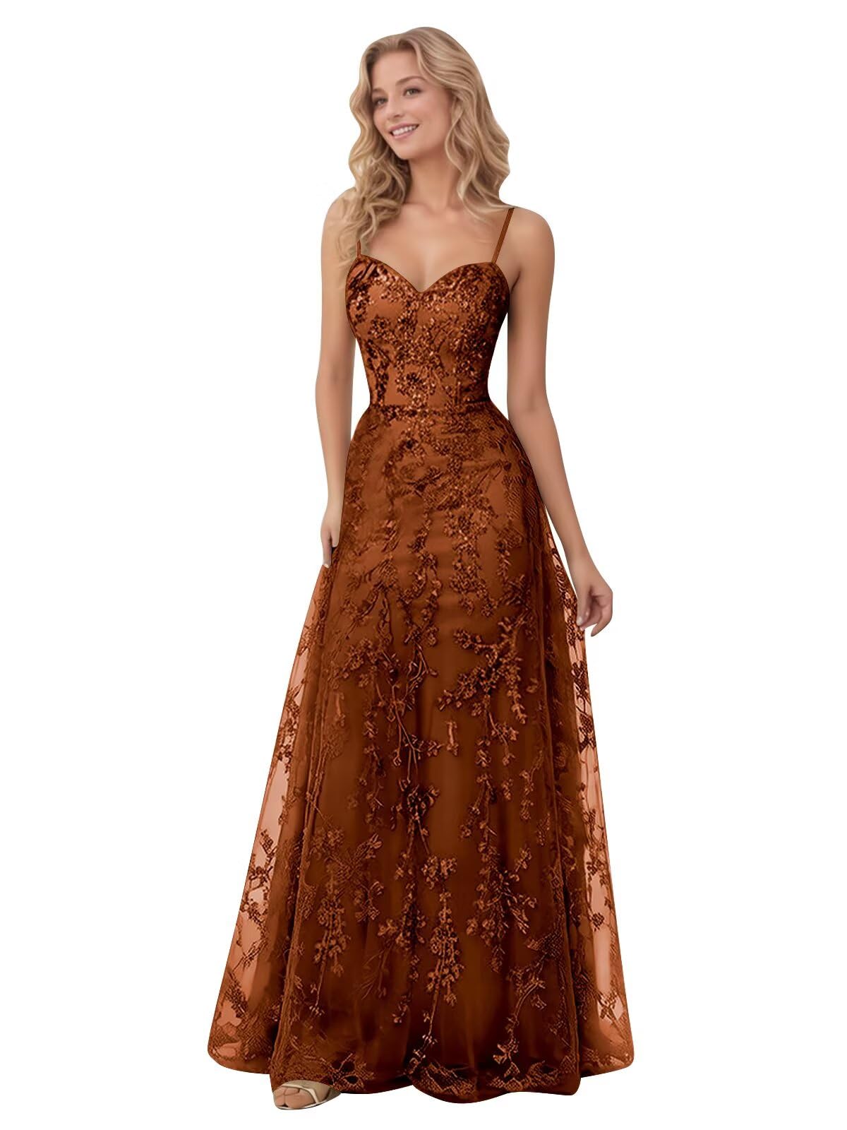 Spaghetti Strap Sparkly Prom Dress for Women Long Tulle Lace Formal Dress Laces Evening Party Gown