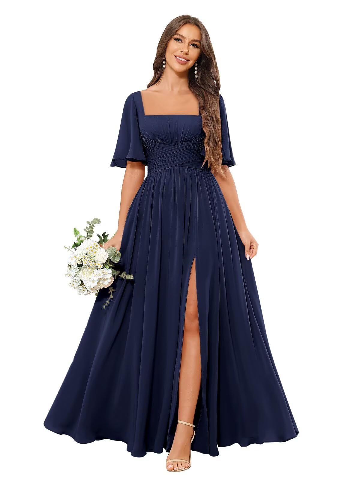 Square Neck Bridesmaid Dresses with Slit Pockets Flutter Sleeve Long Chiffon Formal Wedding Guest Dress