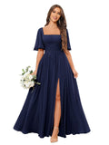 Square Neck Bridesmaid Dresses with Slit Pockets Flutter Sleeve Long Chiffon Formal Wedding Guest Dress