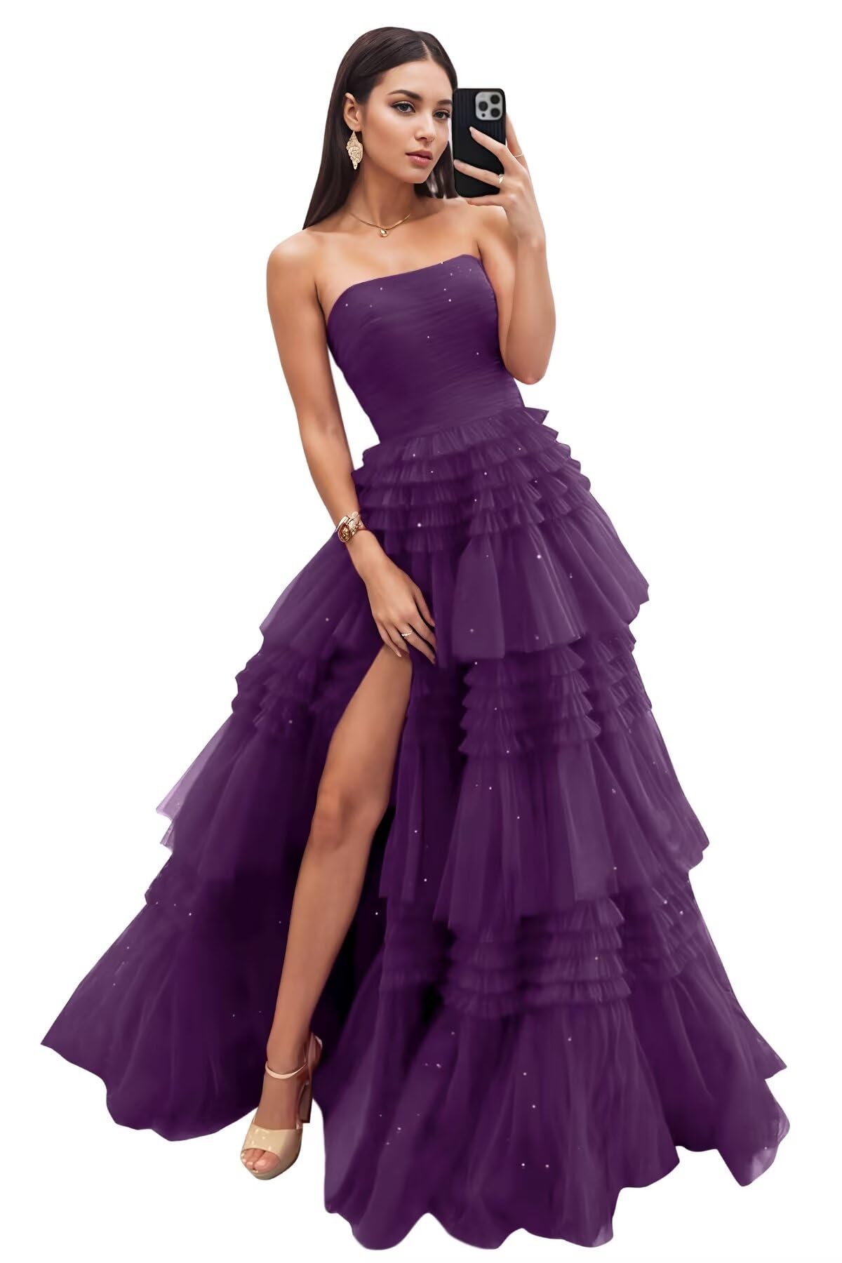 Strapless Tiered Tulle Prom Dresses for Women 2027 Long Sparkly A-Line Formal Evening Party Ball Gowns with Slit