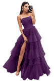 Strapless Tiered Tulle Prom Dresses for Women 2027 Long Sparkly A-Line Formal Evening Party Ball Gowns with Slit