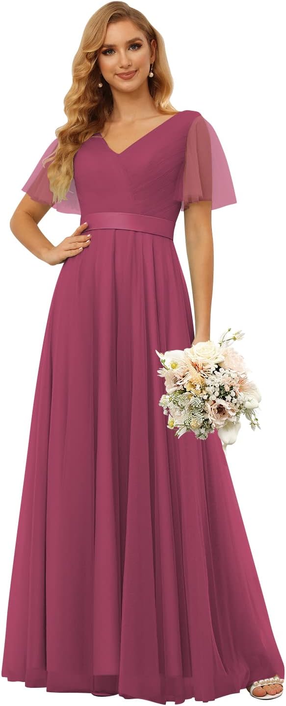 Damen Brautjungfernkleider mit Flatterärmeln, Tüll, lang, V-Ausschnitt, Empire-Taille, formelles Kleid 