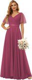 Damen Brautjungfernkleider mit Flatterärmeln, Tüll, lang, V-Ausschnitt, Empire-Taille, formelles Kleid 