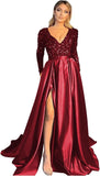 Vestido de fiesta de satén con lentejuelas brillantes para mujer, con bolsillos, manga larga y abertura. 