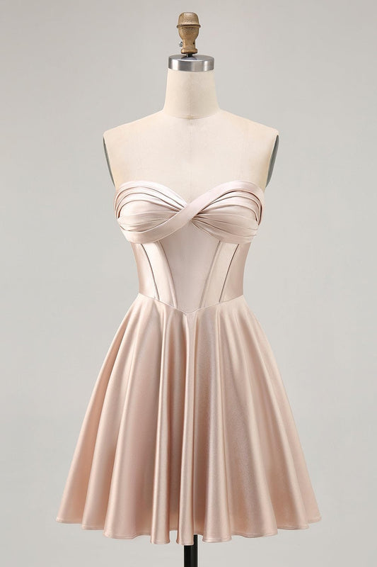 Satin Homecoming Dresses for Teens Strapless Ruched Sweetheart Corset Short Prom Dresses 2026