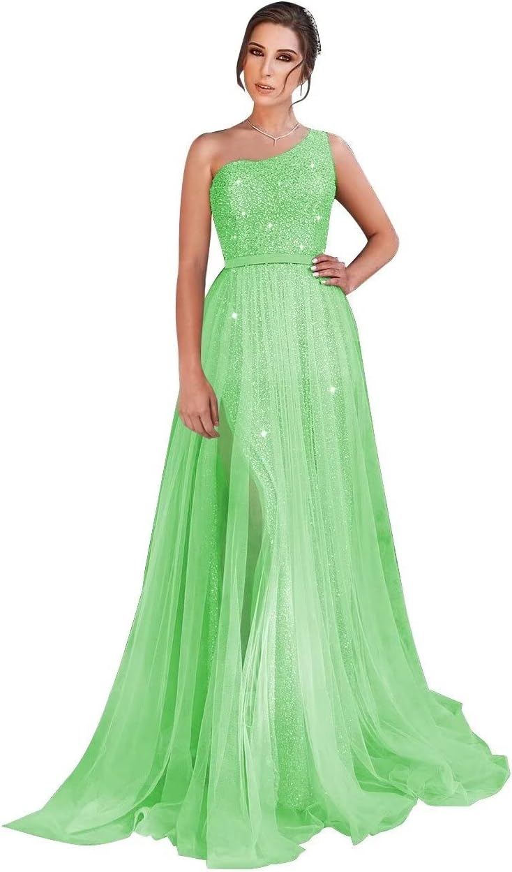One-Shoulder-Ballkleid mit Pailletten, formelle Kleider für Damen, funkelnde Abendkleider, Tüll-Ballkleid 