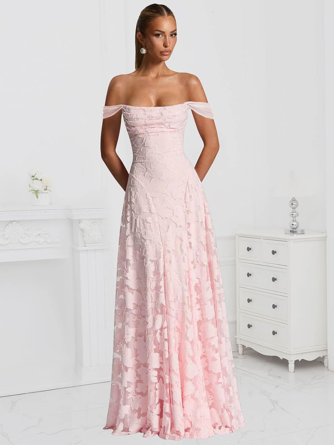 Off The Shoulder Floral Bridesmaid Dresses Long Lace Appliques Formal Gown A Line Wedding Guest Dress