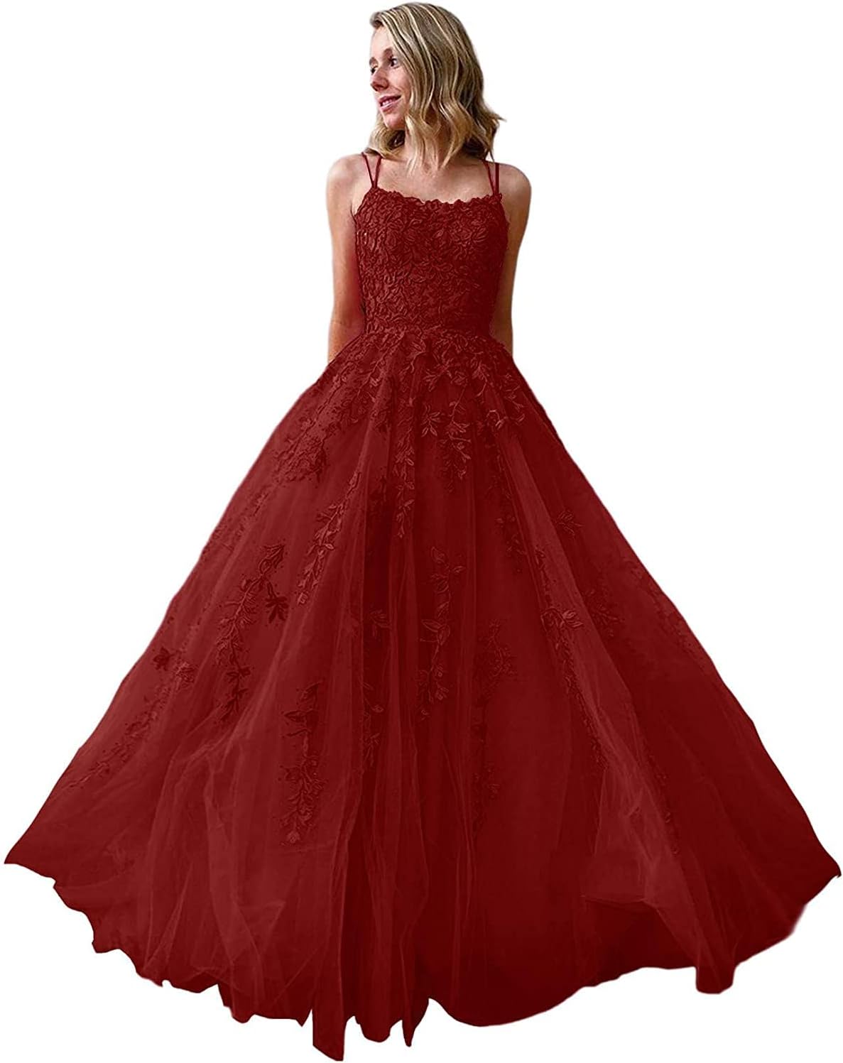 Ballkleider, langes Ballkleid für Damen, Spaghettiträger, Tüll, A-Linie, sexy, rückenfrei, formelle Partykleider mit Taschen 