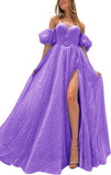 Tulle Prom Dresses for Women 2027 Sparkly Puffy Sleeves Long Ball Gowns with Slit A-Line Evening Dresses