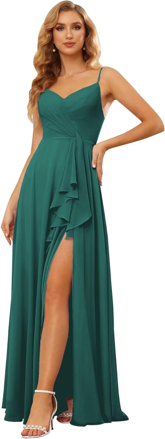 Vestidos de dama de honor largos de gasa con tirantes finos y bolsillos, vestidos formales con volantes y abertura para mujer 