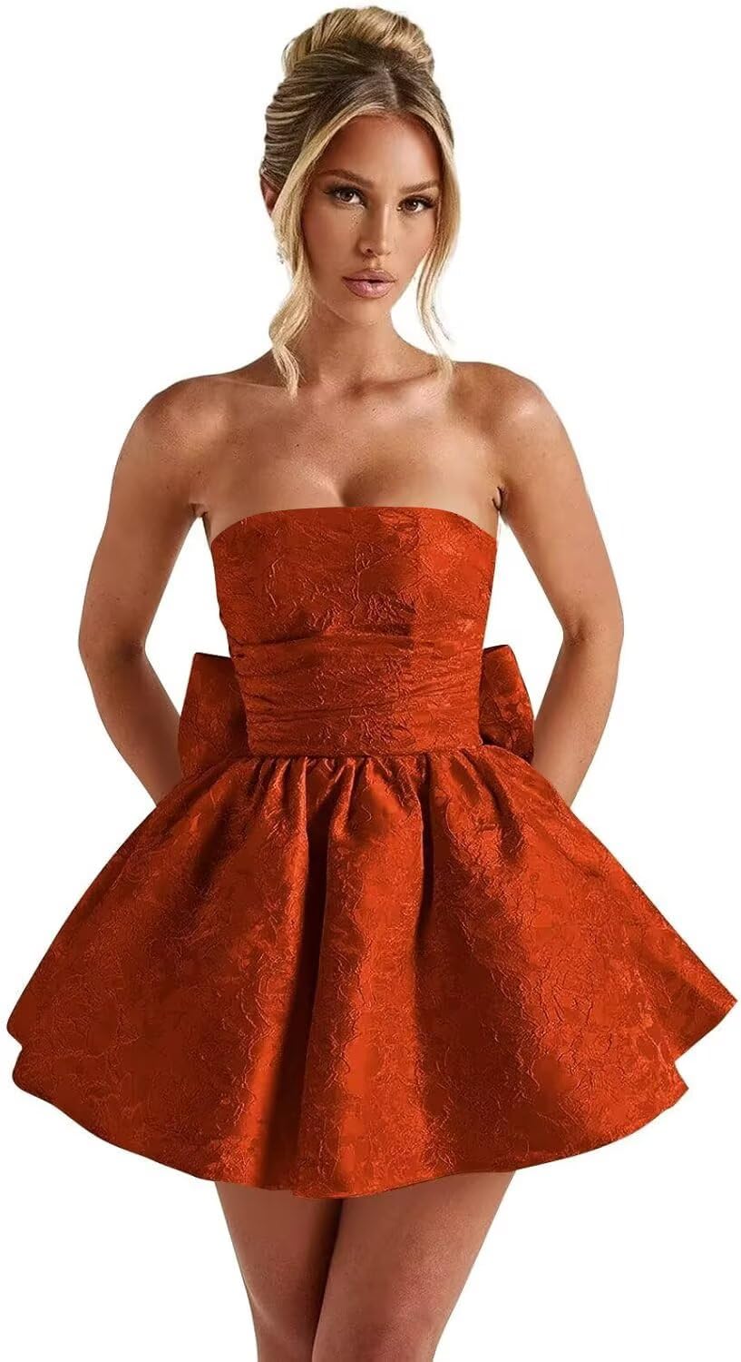 Strapless Satin Homecoming Dresses for Teens 2027 Jacquard A-line Short Prom Cocktail Gowns with Bow