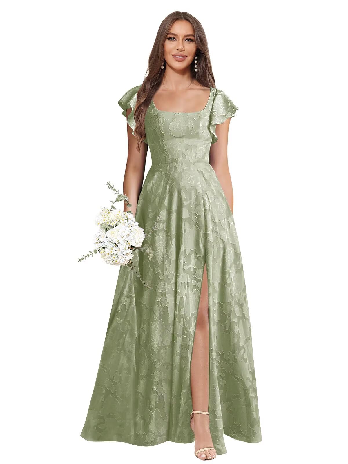 Floral Bridesmaid Dresses for Women Long A-Line Square Neck Lace Formal Evening Gown with Sleeves Slit
