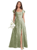 Floral Bridesmaid Dresses for Women Long A-Line Square Neck Lace Formal Evening Gown with Sleeves Slit