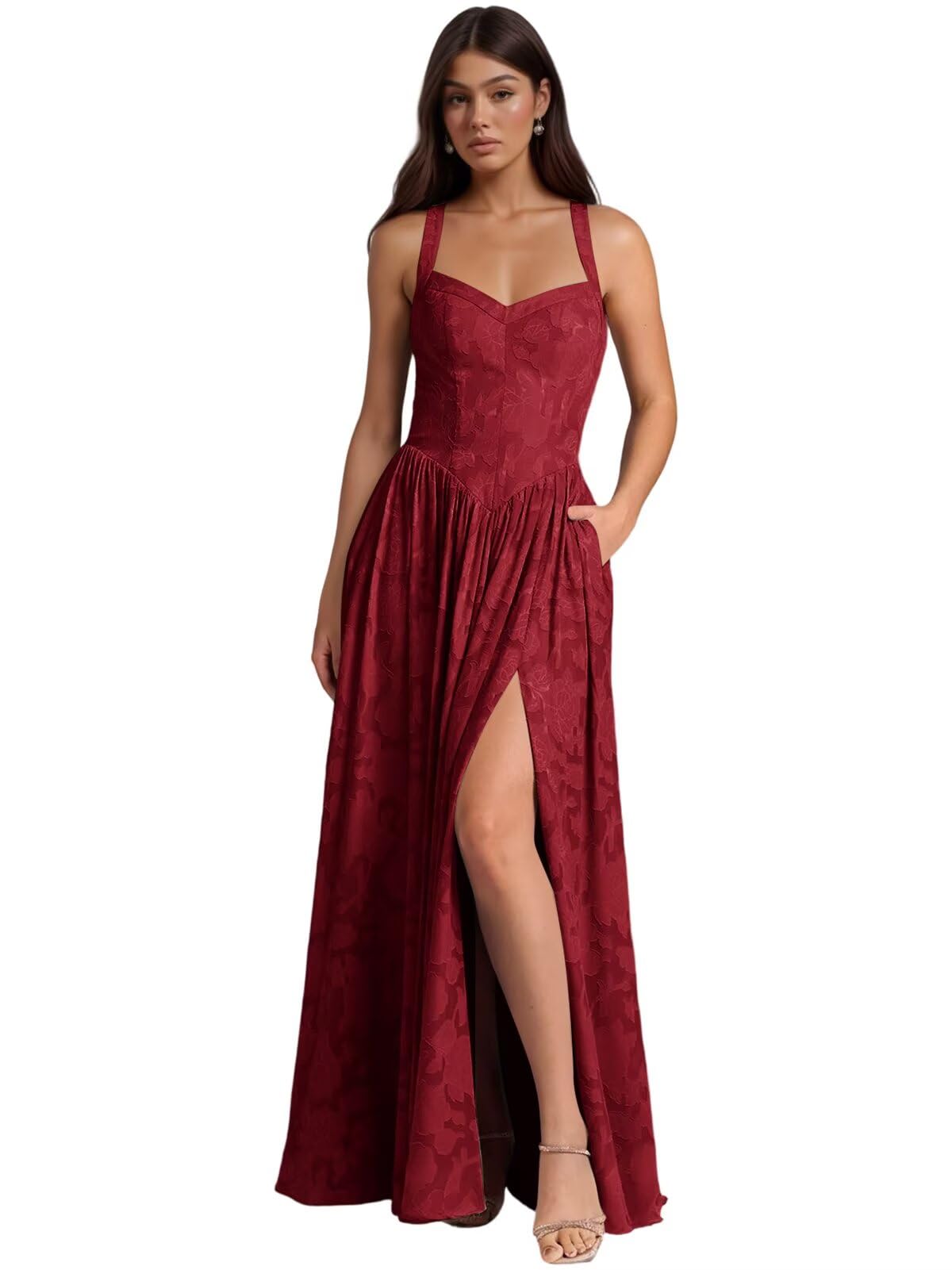 Jacquard Floral Lace Wedding Guest Dress Long Slit A Line Bridesmaid Dresses with Pockets Formal Gown