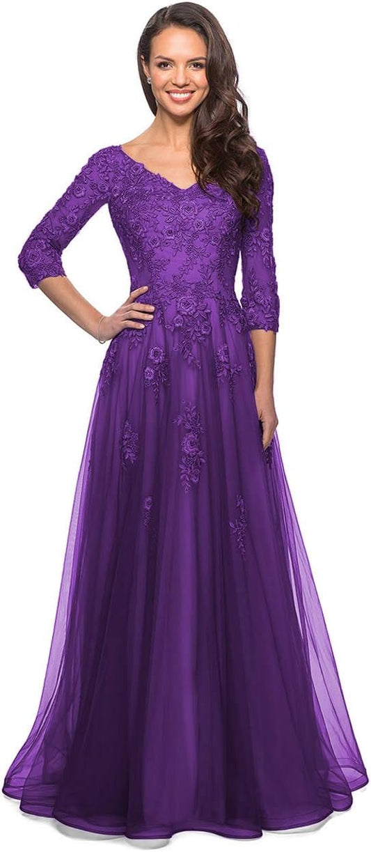 Women's Floral Lace Appliques 3/4 Sleeve Mother of The Bride Dresses Long V Neck Formal Dresses with Pockets