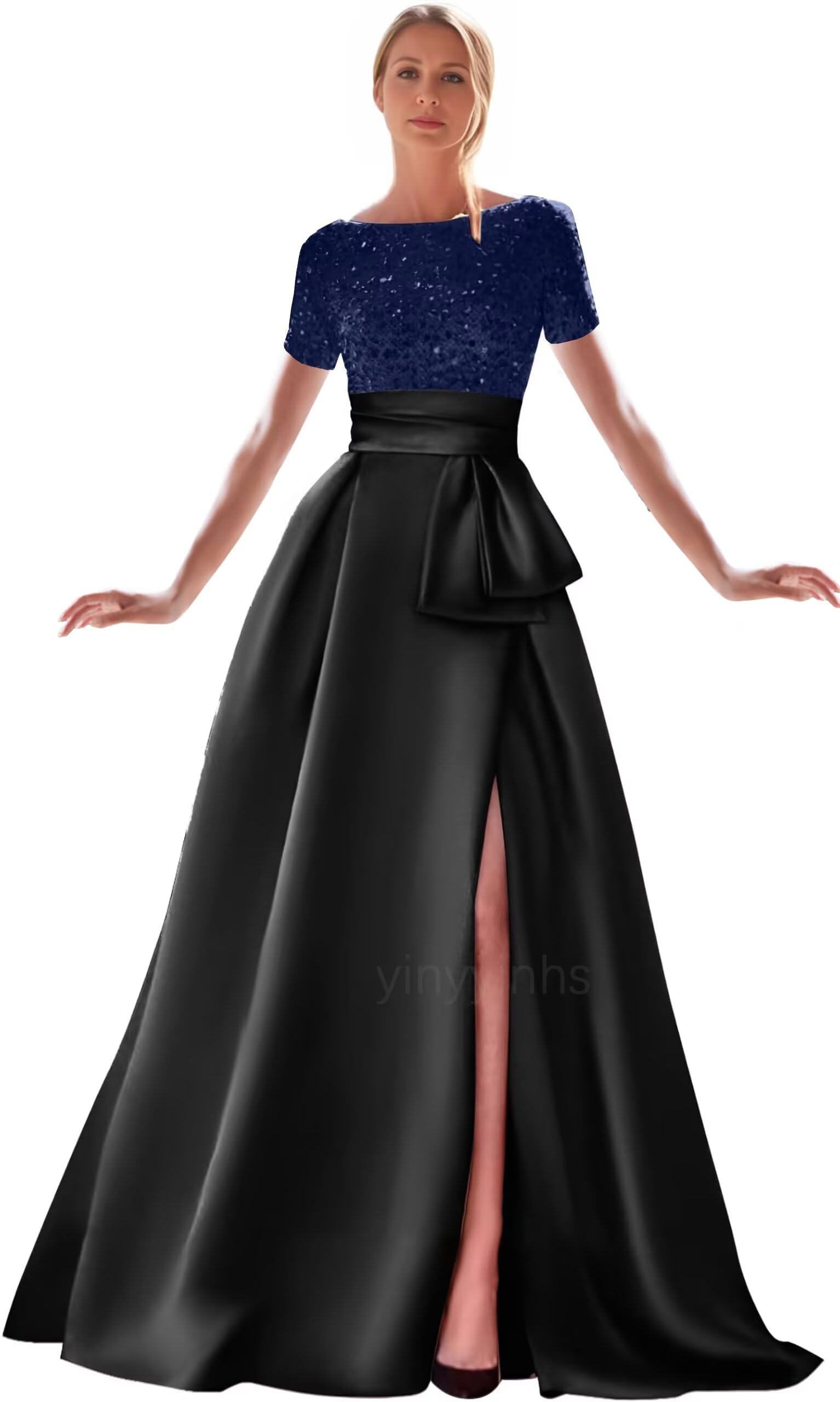 Kingbridal Gowns Short Sleeve Sequin Prom Dresses for Women 2026 Satin A-Line Sparkly Formal Evening Party Ball Gowns with Slit