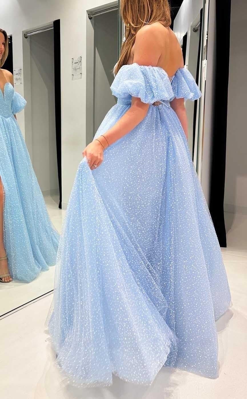 Tulle Prom Dresses for Women 2027 Sparkly Puffy Sleeves Long Ball Gowns with Slit A-Line Evening Dresses