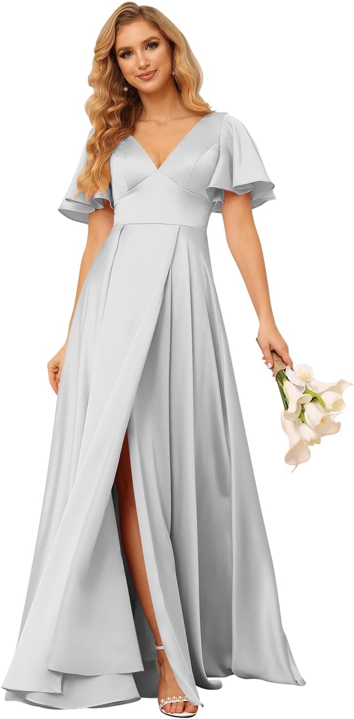 Women's V Neck Ruffle Sleeves Bridesmaid Dresses with Slit 2025 Satin A-Line Formal Evening Gowns
