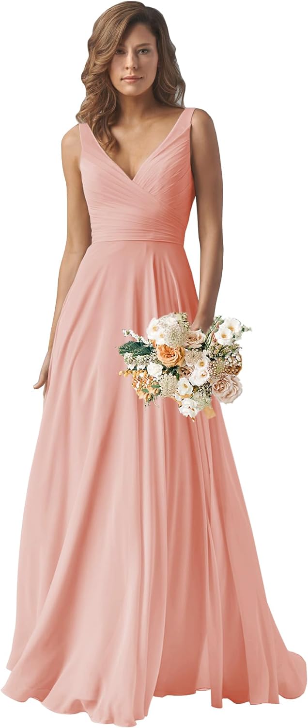 Chiffon Bridesmaid Dresses Long for Women A Line Ruched Formal Porm Evening Gowns