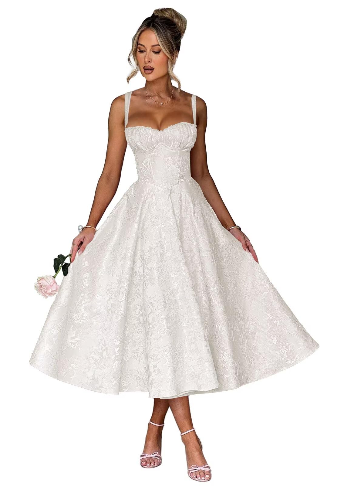 Eightale Satin Jacquard Prom Dress with Bow Tea Length Floral Midi Formal Evening Party Gown