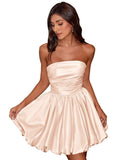 Short Satin A-Line Ruched Homecoming Dresses for Teens Strapless Ruched Mini Formal Cocktail Party Dress