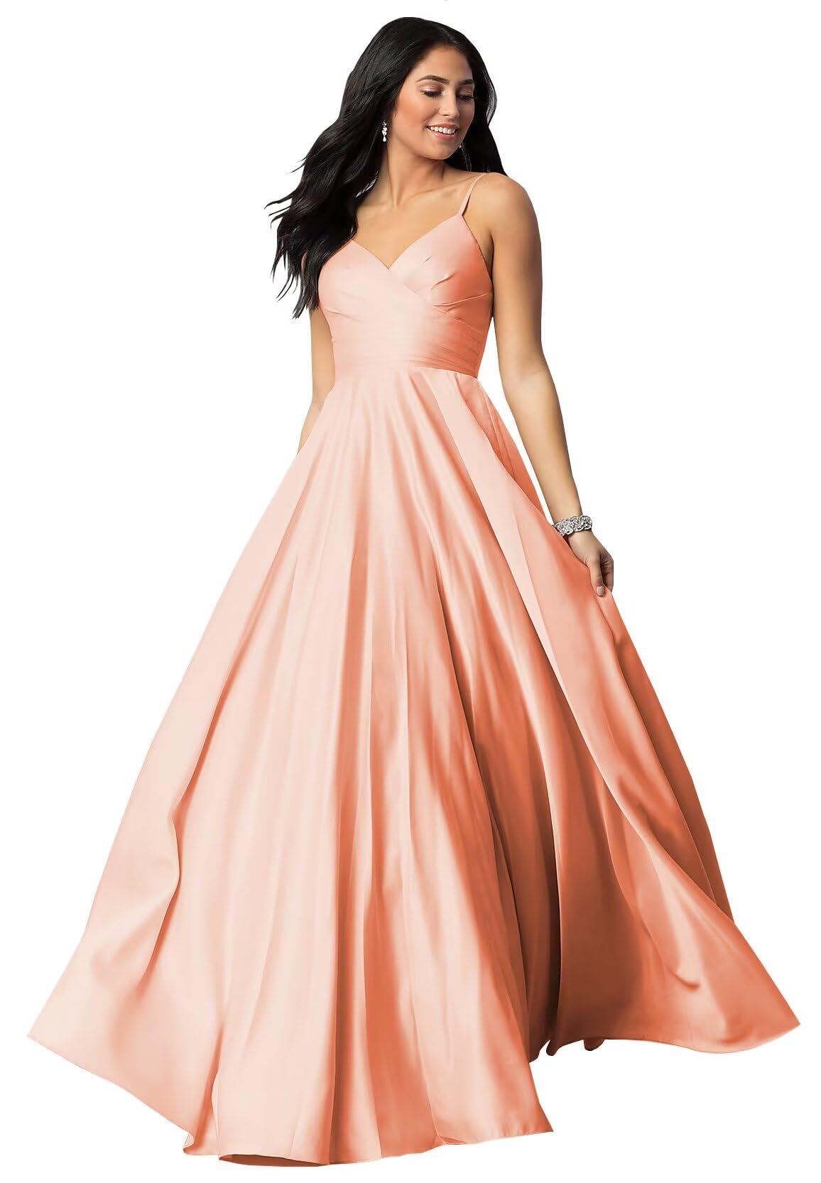 Spaghetti Straps Satin Prom Dresses for Women Long with Pockets Pleated Formal Evening Gowns