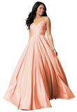 Spaghetti Straps Satin Prom Dresses for Women Long with Pockets Pleated Formal Evening Gowns Ball Gown