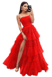 Strapless Tiered Tulle Prom Dresses for Women 2027 Long Sparkly A-Line Formal Evening Party Ball Gowns with Slit