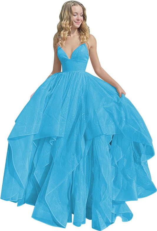 Damen Glitzerndes Tüll-Ballkleid 2023 Langes Ballkleid Spaghettiträger Quinceanera-Kleid