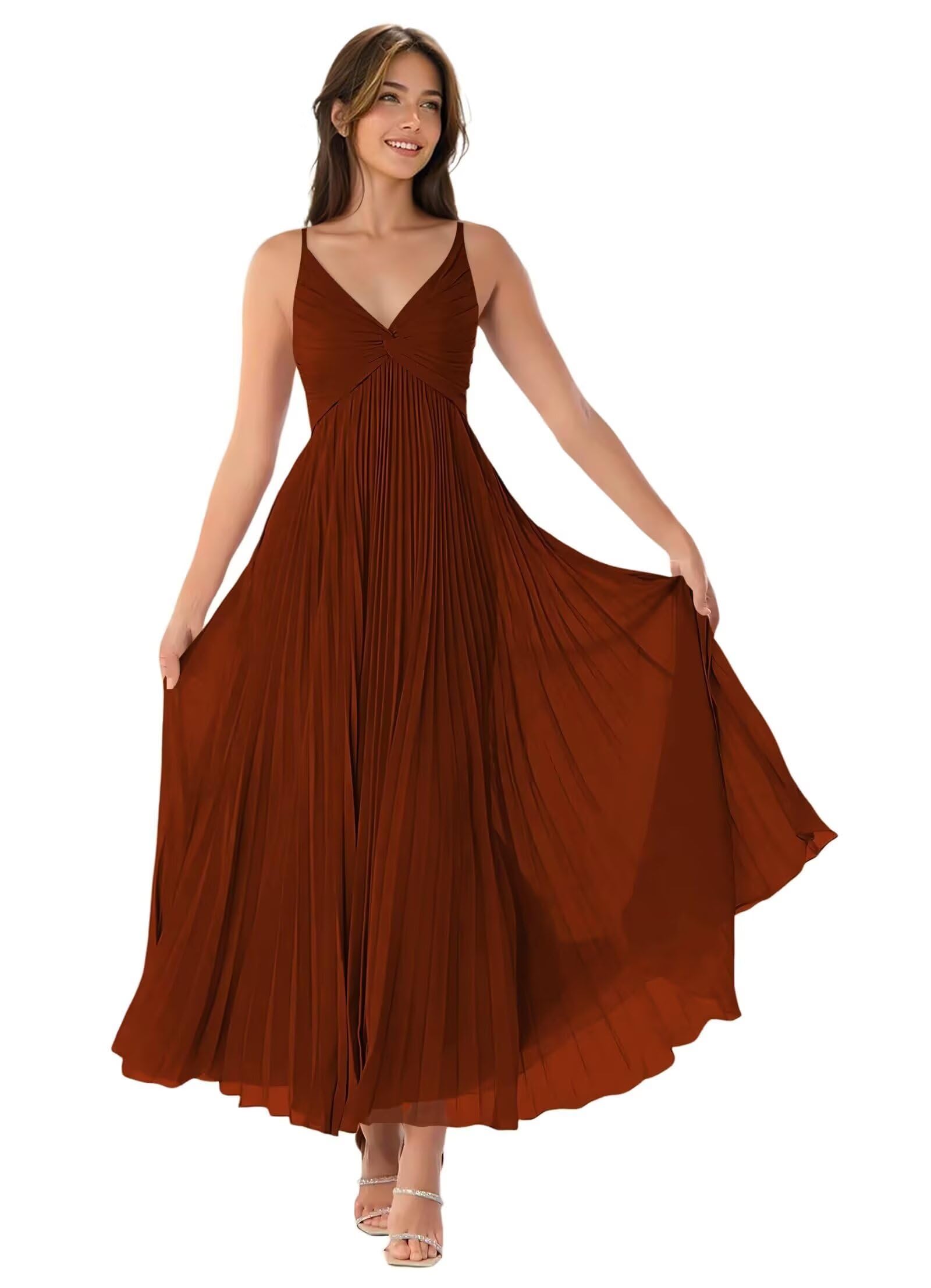 V-Neck Pleated Bridesmaid Dresses for Women Chiffon Spaghetti Straps Pleates Long Formal Wedding Guest Dress