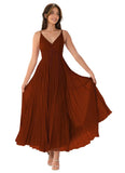 V-Neck Pleated Bridesmaid Dresses for Women Chiffon Spaghetti Straps Pleates Long Formal Wedding Guest Dress