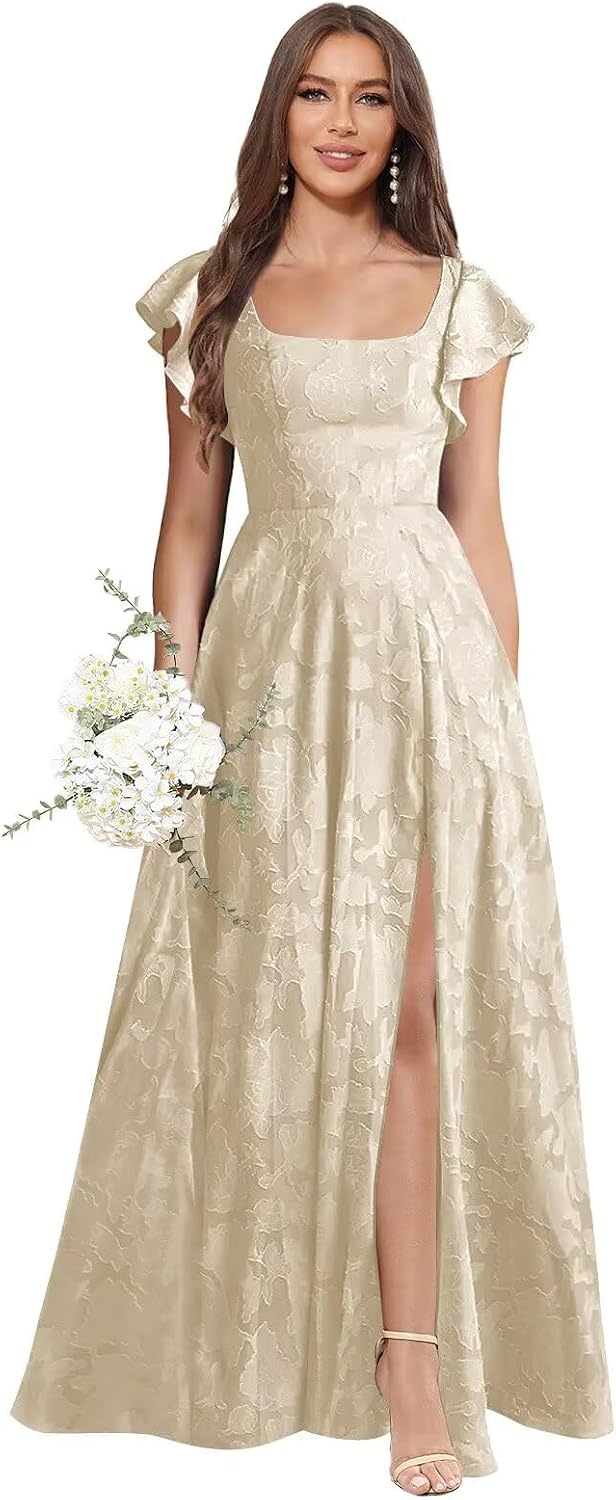 Floral Bridesmaid Dresses for Women Long A-Line Square Neck Lace Formal Evening Gown with Sleeves Slit