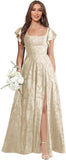 Floral Bridesmaid Dresses for Women Long A-Line Square Neck Lace Formal Evening Gown with Sleeves Slit