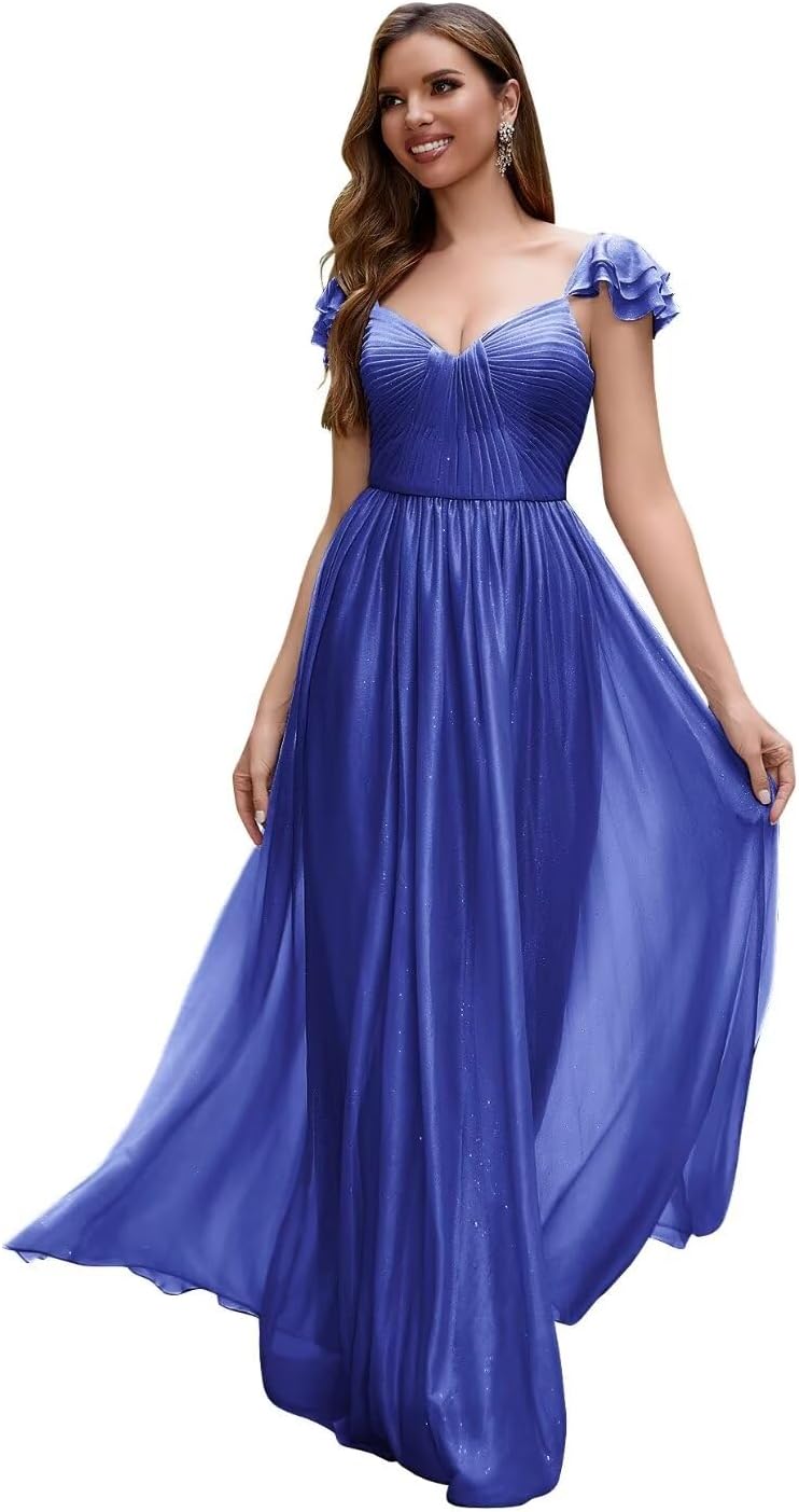 Cap Sleeve Bridesmaid Dresses for Women Long V Neck Ruffled Split Glittery Long Formal Evening Dress with Pocket