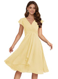 Short Chiffon Bridesmaid Dresses for Women V Neck Flutter Sleeves Ruffle Formal Cocktail Gowns with Pockets