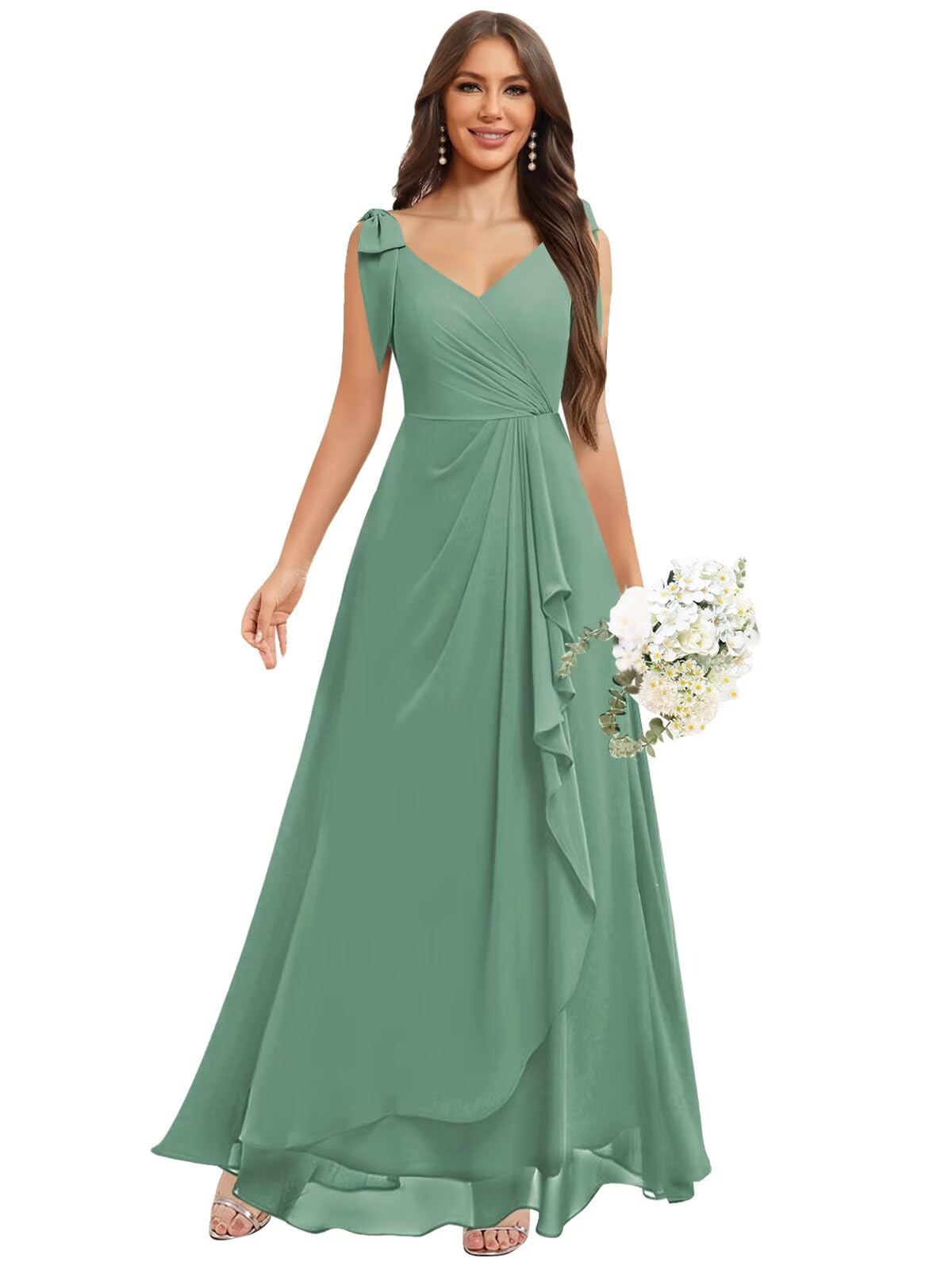 Chiffon Bridesmaid Dresses for Women Ruffles V Neck Flowy Long Formal Evening Dress with Bow