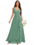 Chiffon Bridesmaid Dresses for Women Ruffles V Neck Flowy Long Formal Evening Dress with Bow