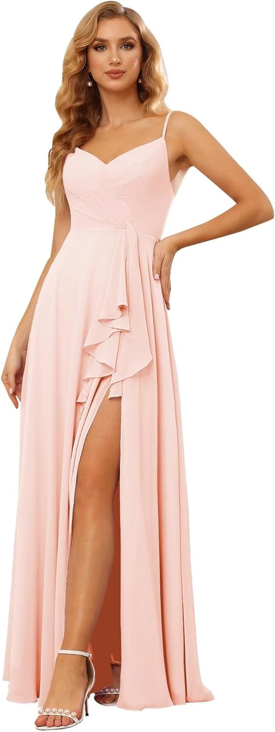 Vestidos de dama de honor largos de gasa con tirantes finos y bolsillos, vestidos formales con volantes y abertura para mujer 