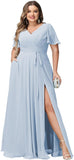 Plus Size Bridesmaid Dresses with Pockets V Neck Chiffon Flutter Sleeves Formal Evening Gowns with Slit