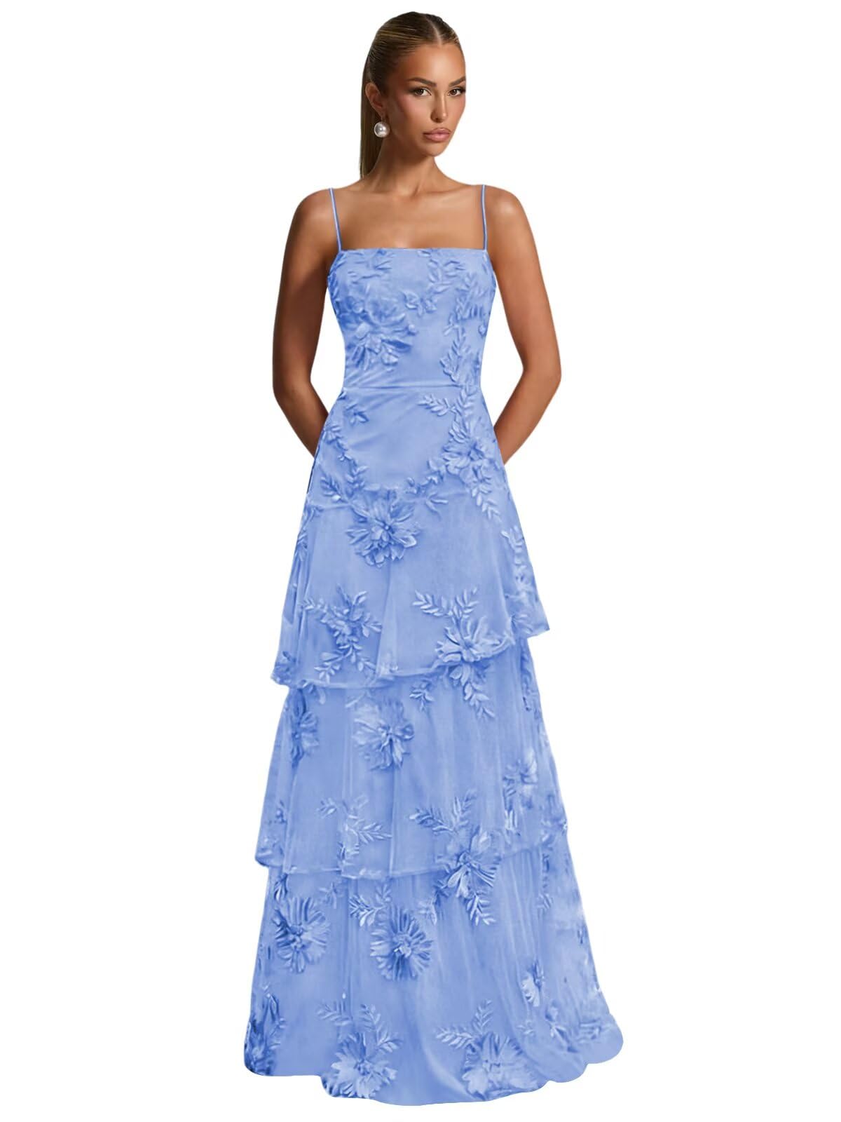 Ruffle Floral Embroidery Prom Dress Long A Line Tiered Bridesmaid Dresses Formal Evening Gowns