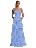 Ruffle Floral Embroidery Prom Dress Long A Line Tiered Bridesmaid Dresses Formal Evening Gowns