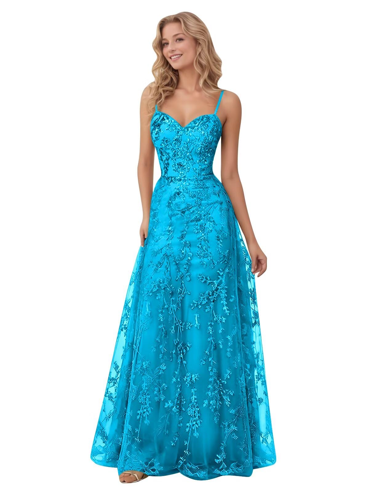 Spaghetti Strap Sparkly Prom Dress for Women Long Tulle Lace Formal Dress Laces Evening Party Gown