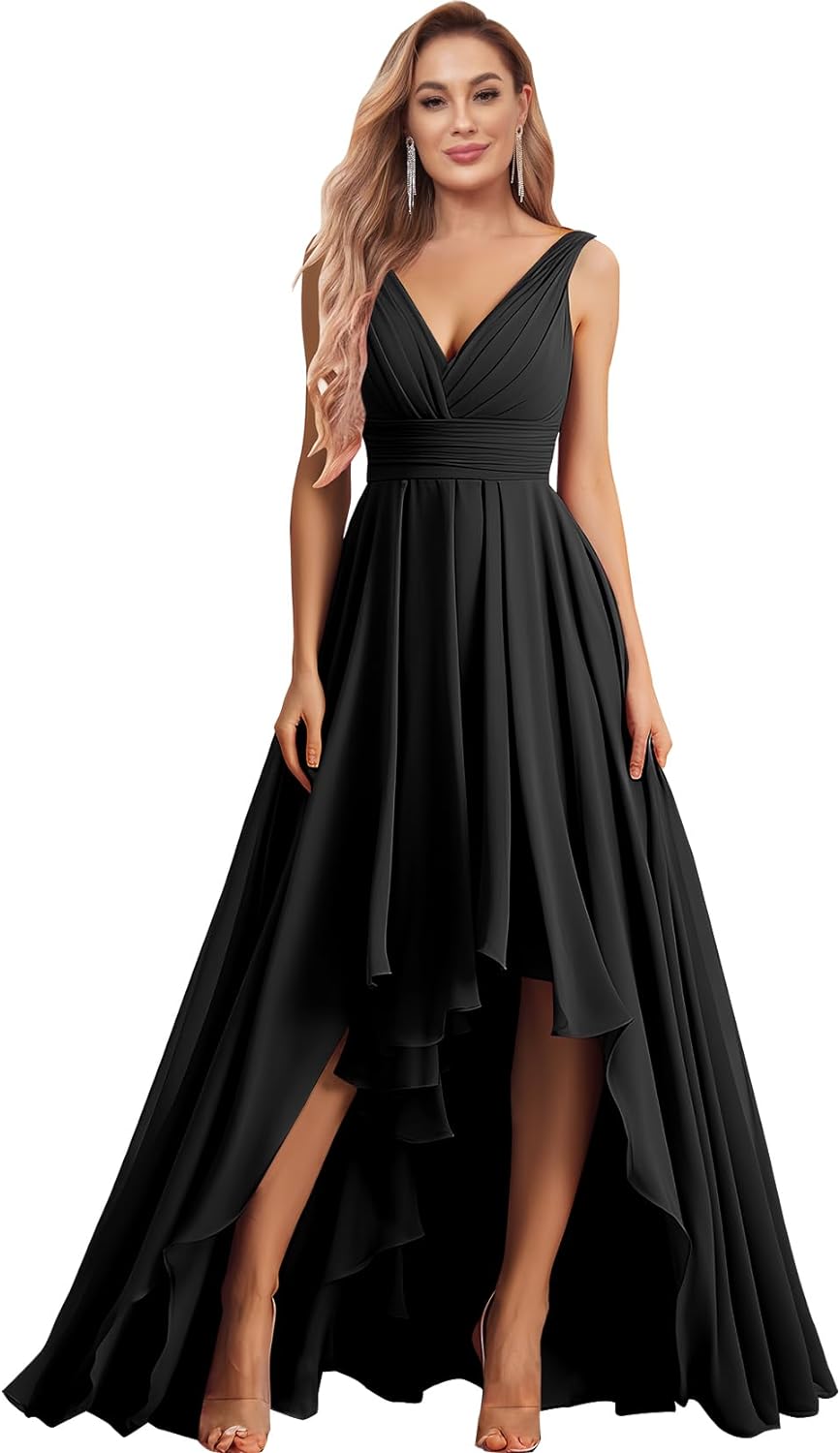 Vestidos de dama de honor con escote en V para mujer, para boda, con bolsillos, de gasa fruncida, largos, formales, para fiesta de graduación y noche.