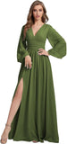Womens V-Neck Long Sleeve Bridesmaid Dresses with Slit 2024 Ruched A-line Chiffon Prom Formal Dresses