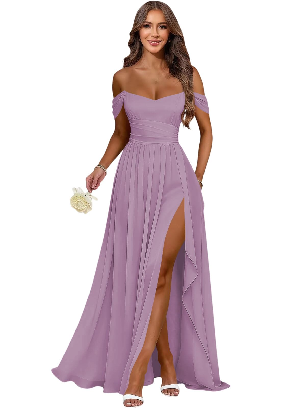 Women's Long Chiffon Bridesmaid Dresses with Slit Off Shoulder A-Line Formal Prom Evening Gown Maxi Wedding Guest Dress