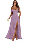 Women's Long Chiffon Bridesmaid Dresses with Slit Off Shoulder A-Line Formal Prom Evening Gown Maxi Wedding Guest Dress