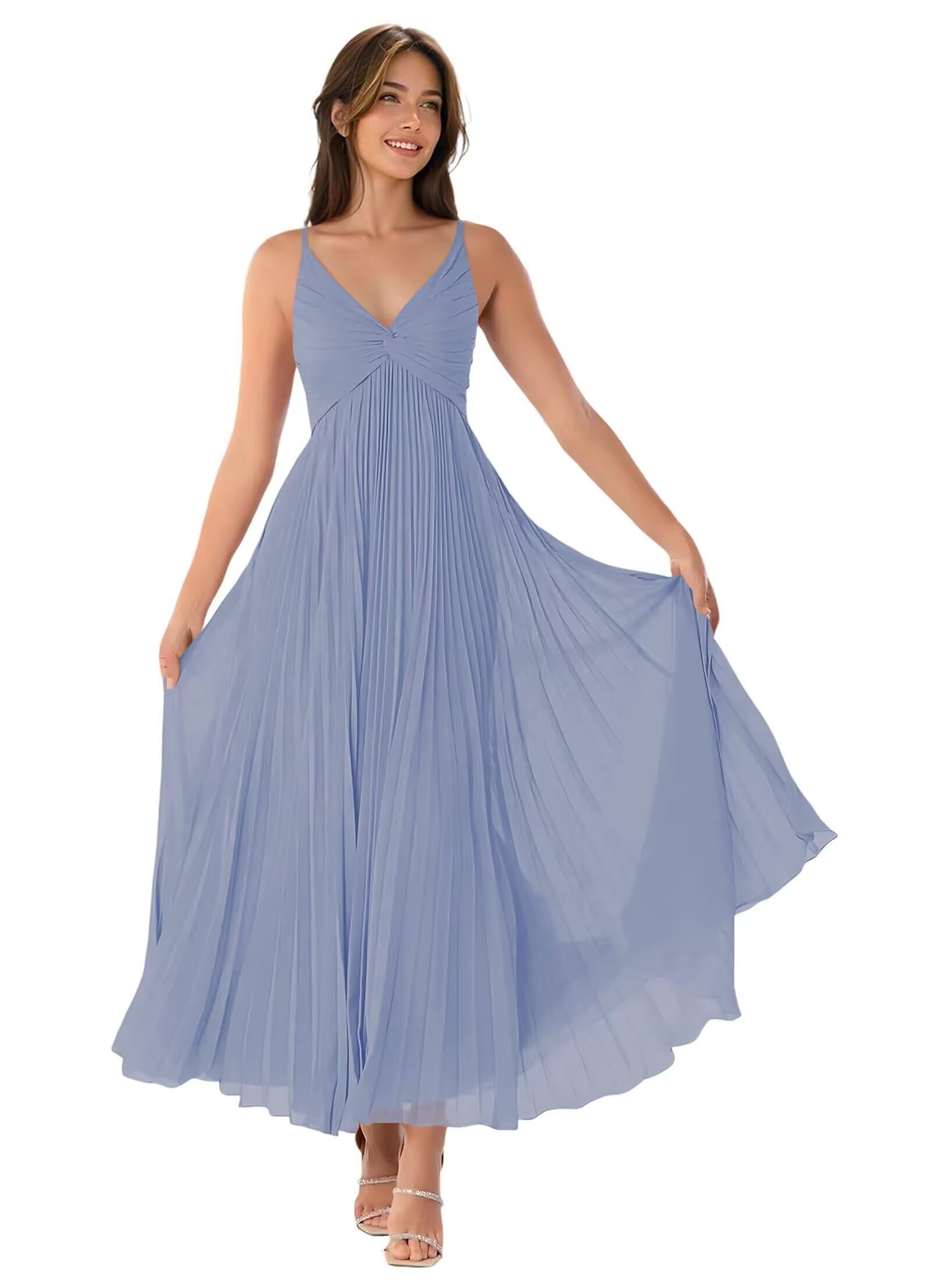 V-Neck Pleated Bridesmaid Dresses for Women Chiffon Spaghetti Straps Pleates Long Formal Wedding Guest Dress