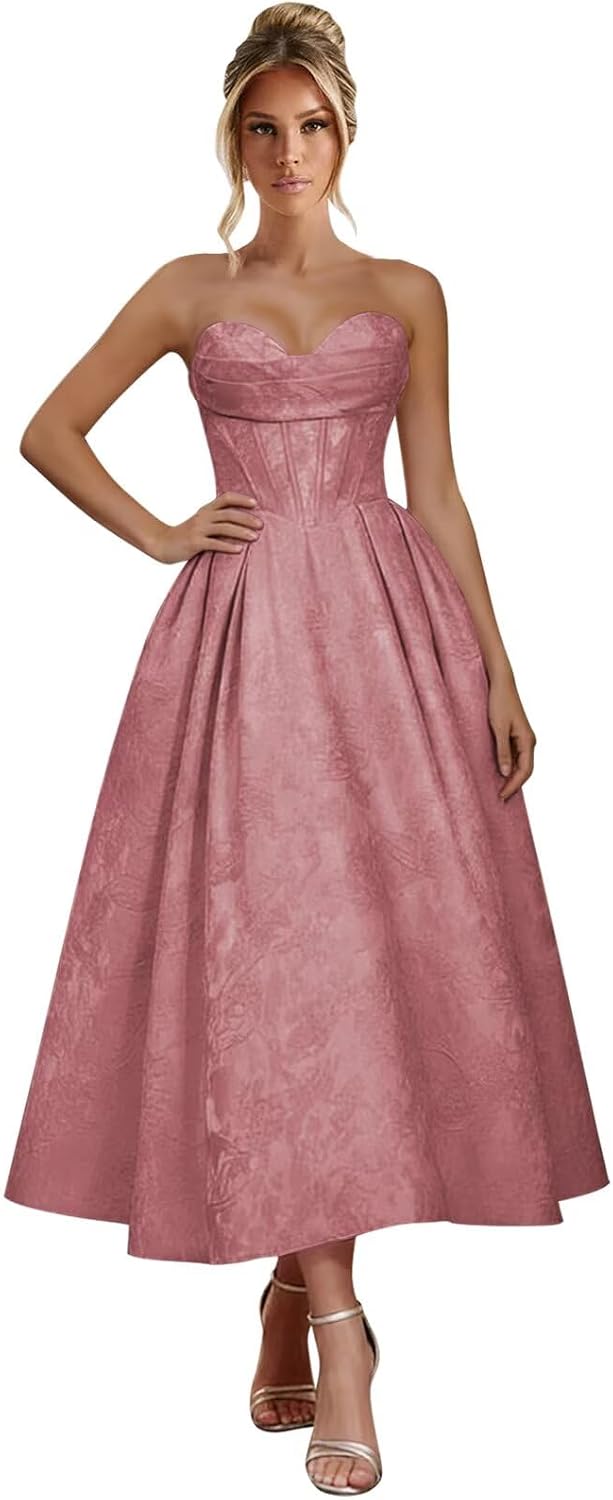Jacquard Satin Prom Dresses for Women Strapless Tea Length Sweetheart Neck A-line Formal Party Dress with Pockets